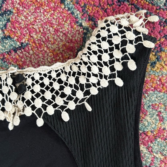 Free People | Womens Black Mini Dress Cream Crochet Peter Pan Collar Open Back M - Picture 12 of 16